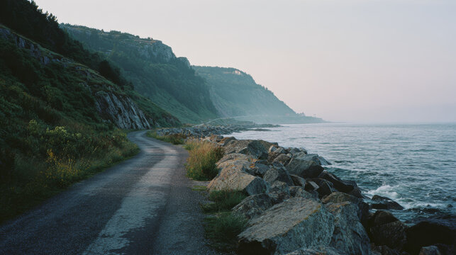 Narrow rocky coastal road with the sea on one side, captured naturally and asymmetrically,  spontaneous travel moment