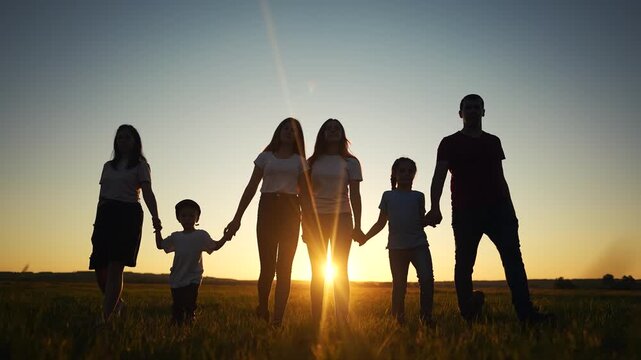 large family. big family silhouette walking in park at sunset holding hands. large family kid dream concept. friendly community family walking in nature with children at sunset