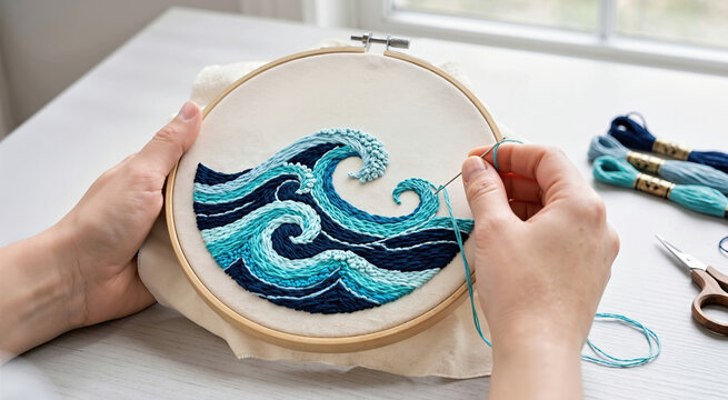 Hands embroidering a blue ocean wave design on fabric. Close up of needlework in a wooden hoop with thread and scissors on a table
