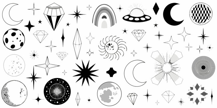 Celestial bodies and space themed black and white clip art
