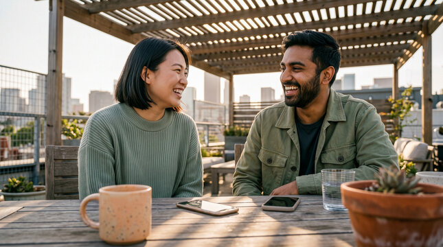 Happy multiethnic young couple talking and laughing together at an urban rooftop cafe during sunset