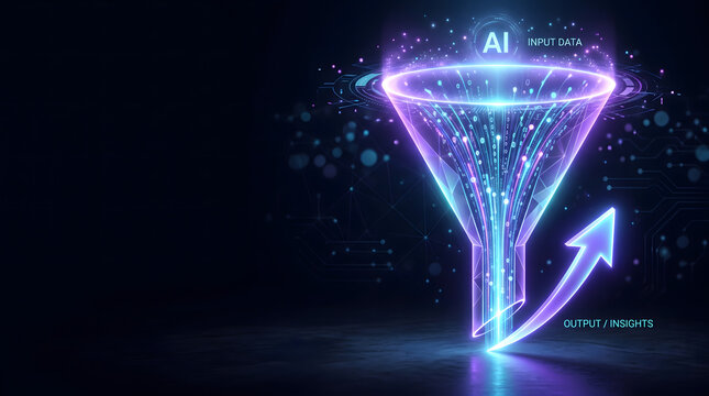 AI Data Funnel Concept Filtering Input Data into Output Insights Neon Illustration