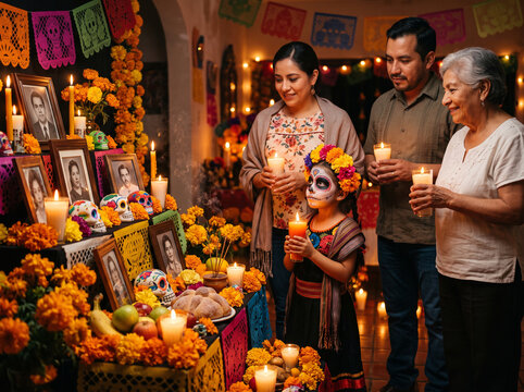 Family celebrating the Mexican holiday together, standing with candles at a festive D&iacute;a de los Muertos altar and remembering deceased relatives, child wearing elaborate calavera face paint and a flora