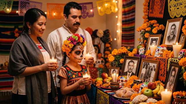 Family celebrating the Mexican holiday together, standing with candles at a festive D&iacute;a de los Muertos altar and remembering deceased relatives, child wearing elaborate calavera face paint and a flora