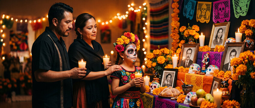 Mexican family honoring their deceased loved ones during D&iacute;a de los Muertos, parents and child holding burning candles beside a traditional ofrenda covered with photographs, marigolds and decorated ca