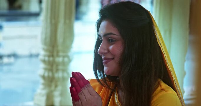 Saint Mirabai Praying and Performing Devotional Worship Inside a Krishna Temple. Traditional Indian spiritual scene showing the devotion of the famous Rajasthani saint toward Lord Krishna
