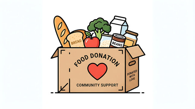 Cardboard box filled with various grocery food items for donation