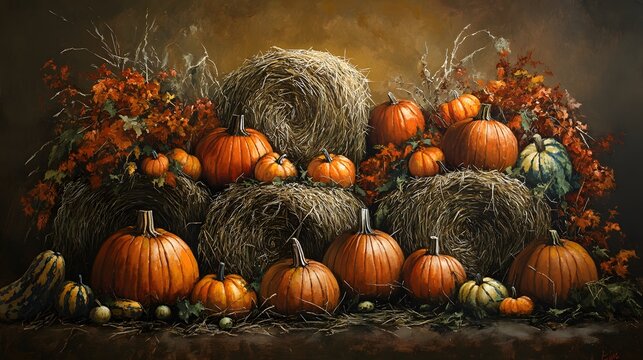 A stack of hay bales surrounded by pumpkins and gourd