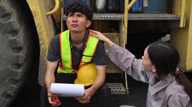 Female coworker comforting a stressed male factory worker sitting beside heavy industrial machinery