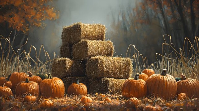 A stack of hay bales surrounded by pumpkins and gourd