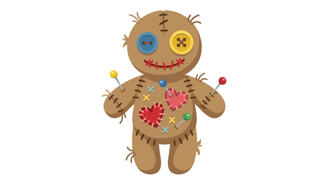 Cute voodoo doll vector graphic illustration featuring colorful buttons, heart patches, and sewing pins