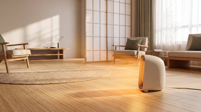Modern ceramic infrared heater placed on a wooden floor in a cozy minimalist living room interior