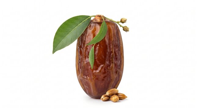 Whole fresh date fruit with green leaves and seeds on a white background  