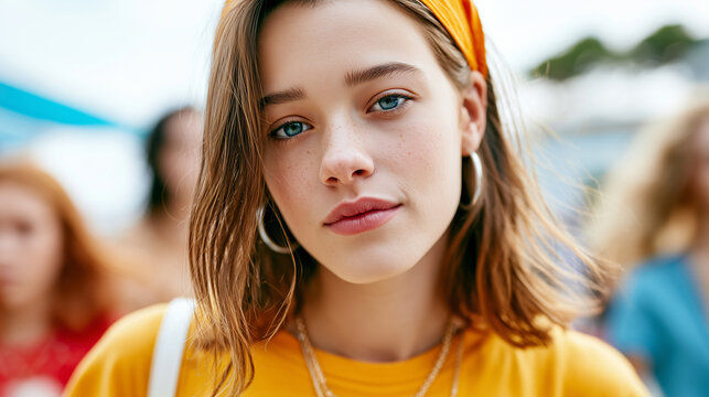 Close up portrait of a thoughtful young girl with blue eyes and yellow headband looking at the camera outdoors.
