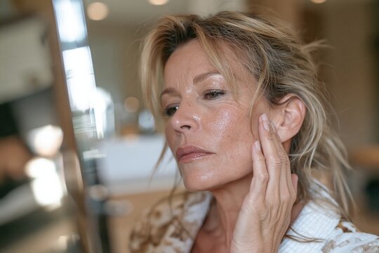 Mature woman looking in mirror, touching her cheek with a calm expression in a bathroom for skincare and self care campaigns