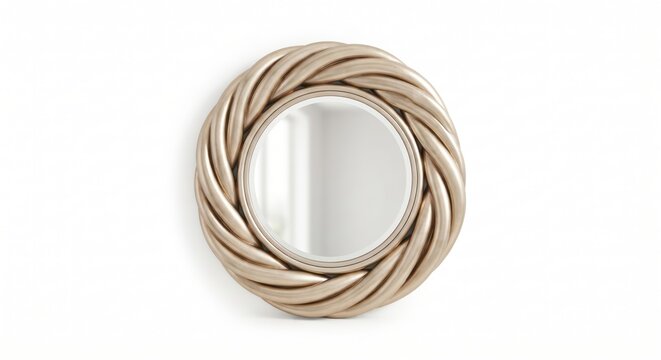 A round wall mirror with a decorative frame featuring a twisted rope texture in a metallic champagne gold finish isolated on a white background