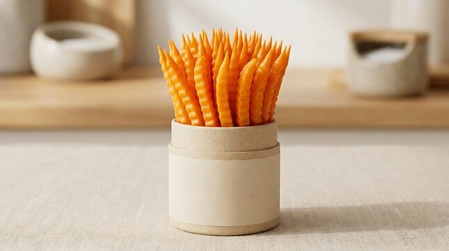 A close up photograph of bright orange wavy toothpicks stored upright inside a cylindrical cardboard container on a neutral fabric background in a kitchen or dining setting.
