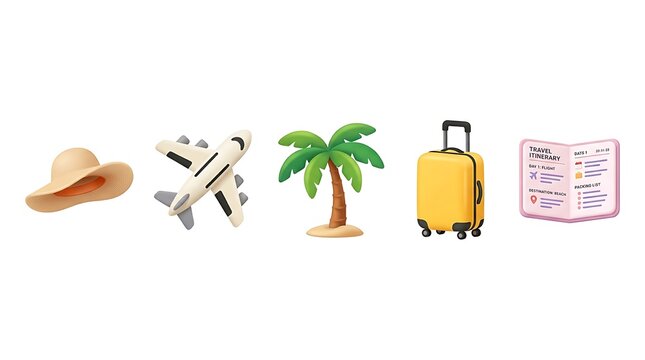 3d render illustration of travel vacation icons including a yellow suitcase, toy airplane, sun hat, palm tree, and travel itinerary isolated on a plain background.