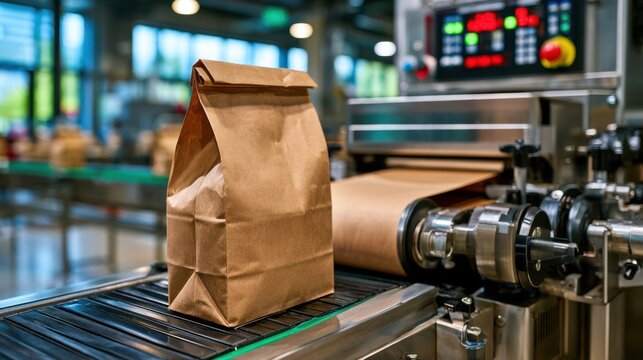 Close-up of an industrial paper bag on a production line, showcasing automation in a modern packaging factory.