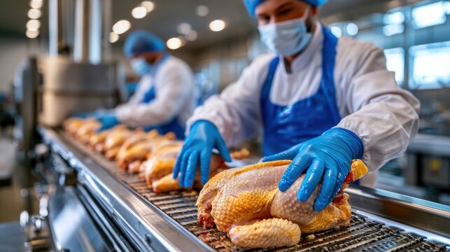 Workers in protective gear handle raw chicken on a conveyor in a hygienic food processing plant.