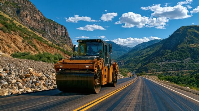 Heavy roller compacts asphalt on remote mountain highway, with rugged landscape and bright daylight, ideal for infrastructure and modernization concepts.