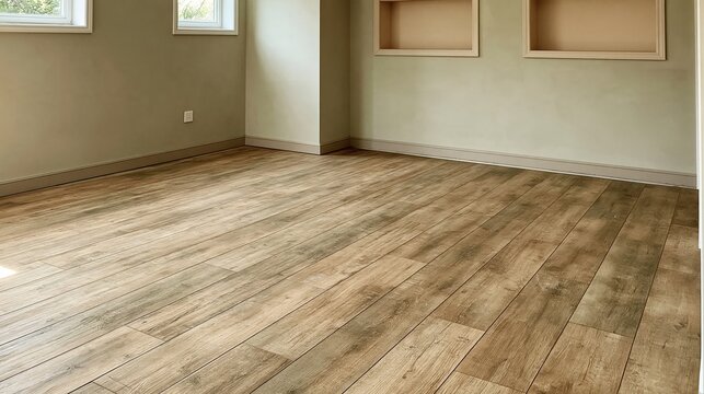 Basement interior with wood-look flooring and muted sage walls, featuring a clean matte finish for real estate and rental marketing