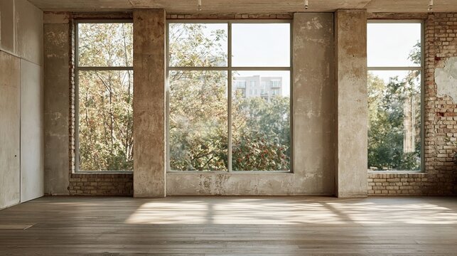 Empty studio with polished hardwood floors, tall windows and weathered brick walls, a luminous open space for creative rentals and dance