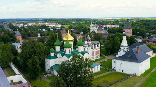 Suzdal, Russia. Flight. The Saviour Monastery of St. Euthymius. Cathedral of the Transfiguration of the Lord in the Spaso-Evfimiev Monastery. Drone footage, Point of interest