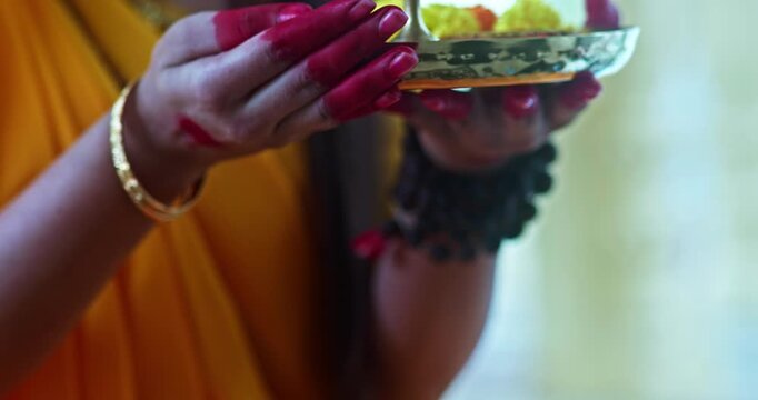 Indian Saint Mirabai Performing Aarti and Offering Prayers to Lord Krishna. Traditional Rajasthani devotional worship, Hindu temple rituals, and spiritual bhakti.