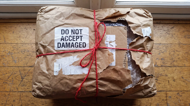 Damaged brown paper parcel with red string and warning label placed on a wooden floor surface
