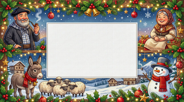 Marco navide&ntilde;o ilustrado con Olentzero, Mari Domingi, burro, ovejas, mu&ntilde;eco de nieve y adornos tradicionales, con espacio central en blanco para texto.