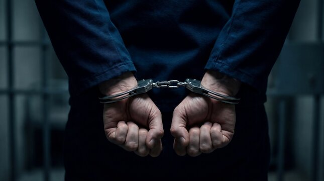 Hands in Handcuffs Arrested Man in Dark Prison Cell Background