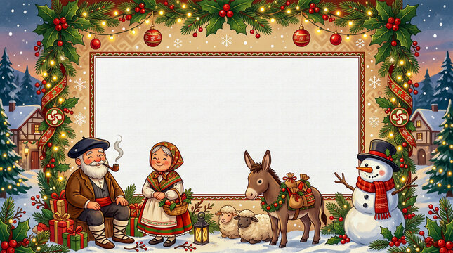 Marco navide&ntilde;o ilustrado con Olentzero, Mari Domingi, burro, ovejas, mu&ntilde;eco de nieve y adornos tradicionales, con espacio central en blanco para texto.