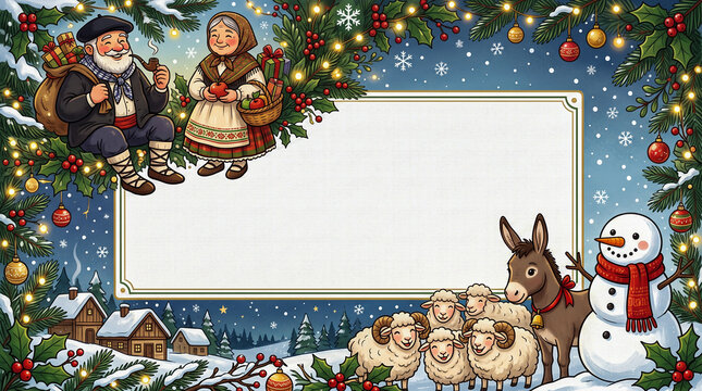 Marco navide&ntilde;o ilustrado con Olentzero, Mari Domingi, burro, ovejas, mu&ntilde;eco de nieve y adornos tradicionales, con espacio central en blanco para texto.