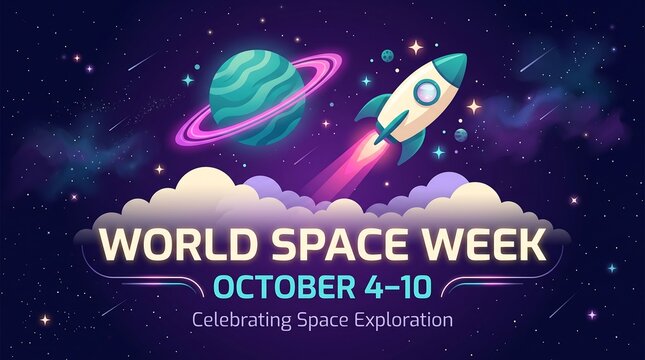 World Space Week banner with rocket and planet illustration on a starry galaxy background