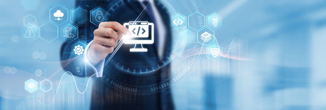 Web Developer Hand Hold Web development and digital data. Website design, coding, user experience, application development, responsive interfaces, digital solutions.