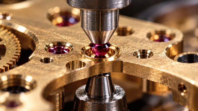 Jeweling Press Seating Synthetic Ruby Bearing into Gold Movement Chaton