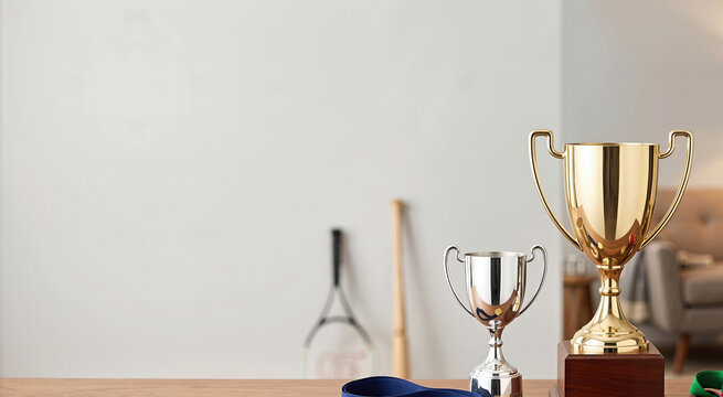 Polished gold and silver sports trophies and medals arranged on a wooden table. Awards and prizes with blurred game room background. Success and victory concept