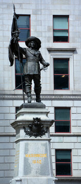MONTREAL QUEBEC CANADA: Details of the statue of Paul de Chomedey, sieur de Maisonneuve first governor of Montreal. in front the Notre-Dame Basilica in the historic district of Old Montreal