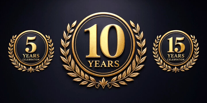 Golden anniversary milestone celebration badges showing five ten and fifteen years commemoration design
