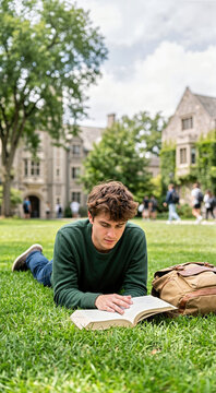 Young male student reading a textbook while lying on a green campus lawn. College student in a green sweater studying outdoors with a canvas backpack. Education and university life concept