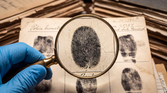 Forensic investigator wearing blue nitrile gloves examining a fingerprint record with a magnifying glass