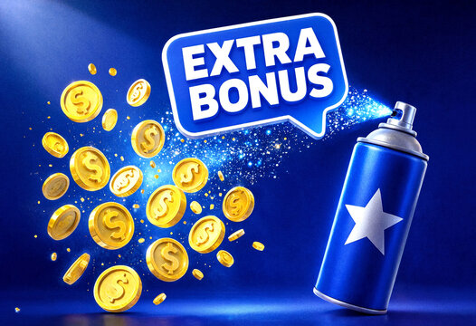 Illustration showing extra bonus coins spraying out from a can with star design against vibrant blue background