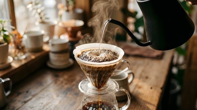 Person pouring hot water from a kettle for manual coffee brewing