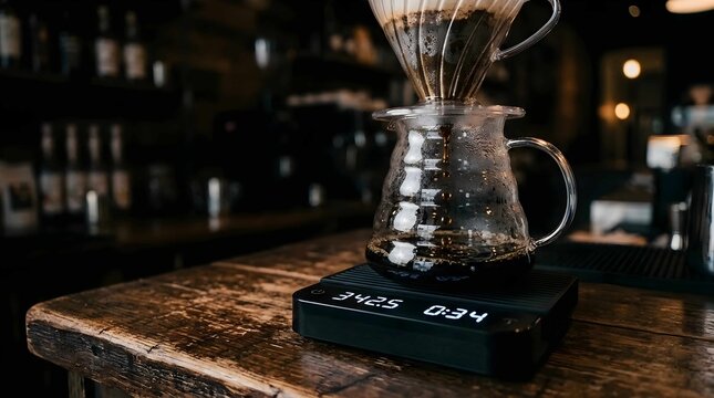 Manual pour over coffee brewing on a digital scale in a cafe