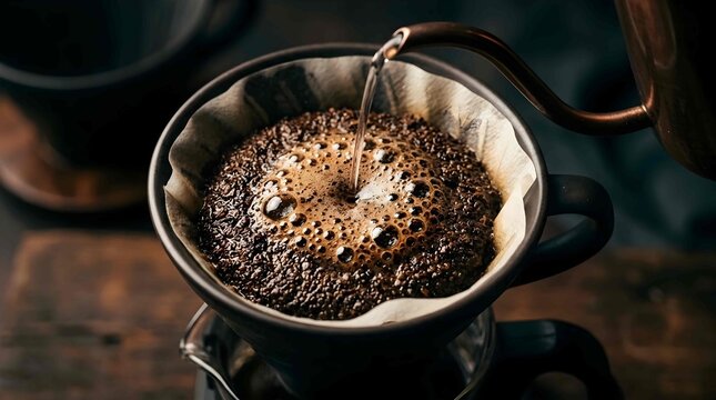Hot water pouring into a manual pour over coffee dripper
