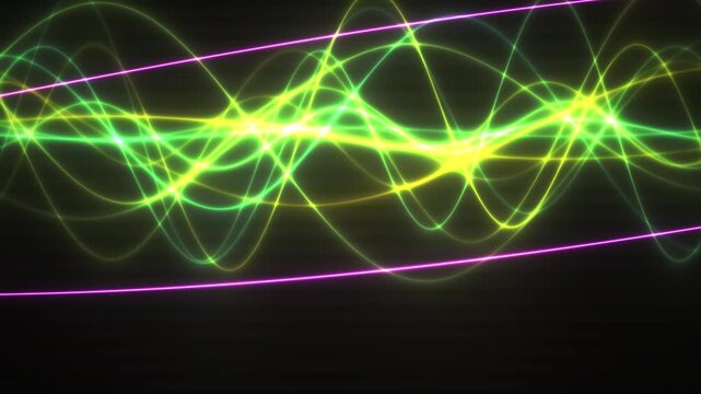 Abstract glowing digital signal waves vibrating on dark background