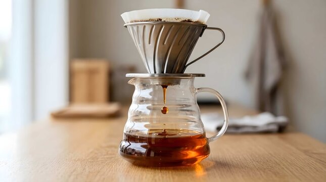 Manual coffee brewing process with a dripper and glass carafe
