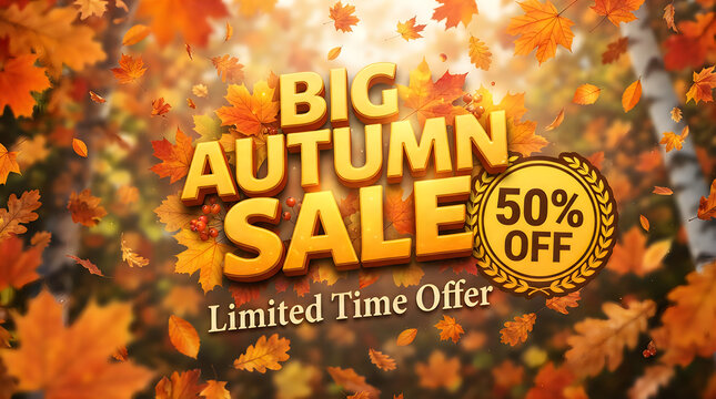 Big autumn sale announcement with falling leaves and fifty percent discount offer