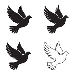 Fototapeta premium Set of flying dove silhouettes in solid black and outline styles with bird shape